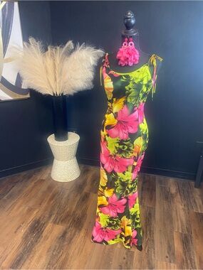 Tropical Floral Maxi Dress in Neon Pink & Lime